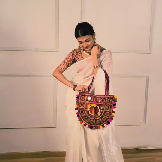 Boho Luxe - Banjara Kutchi Embroidered Pompom Handbag