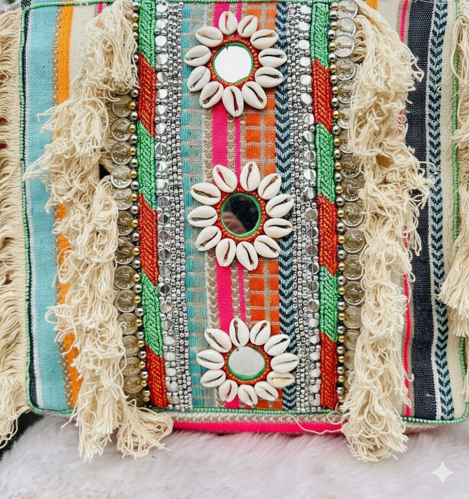Handcrafted Kutch Boho Tote Bag for Women | Cowrie Shell & Mirror Work Shoulder Bag
