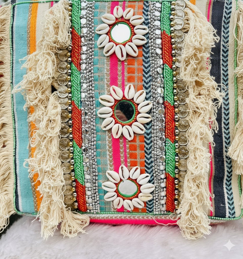 Handcrafted Kutch Boho Tote Bag for Women | Cowrie Shell & Mirror Work Shoulder Bag
