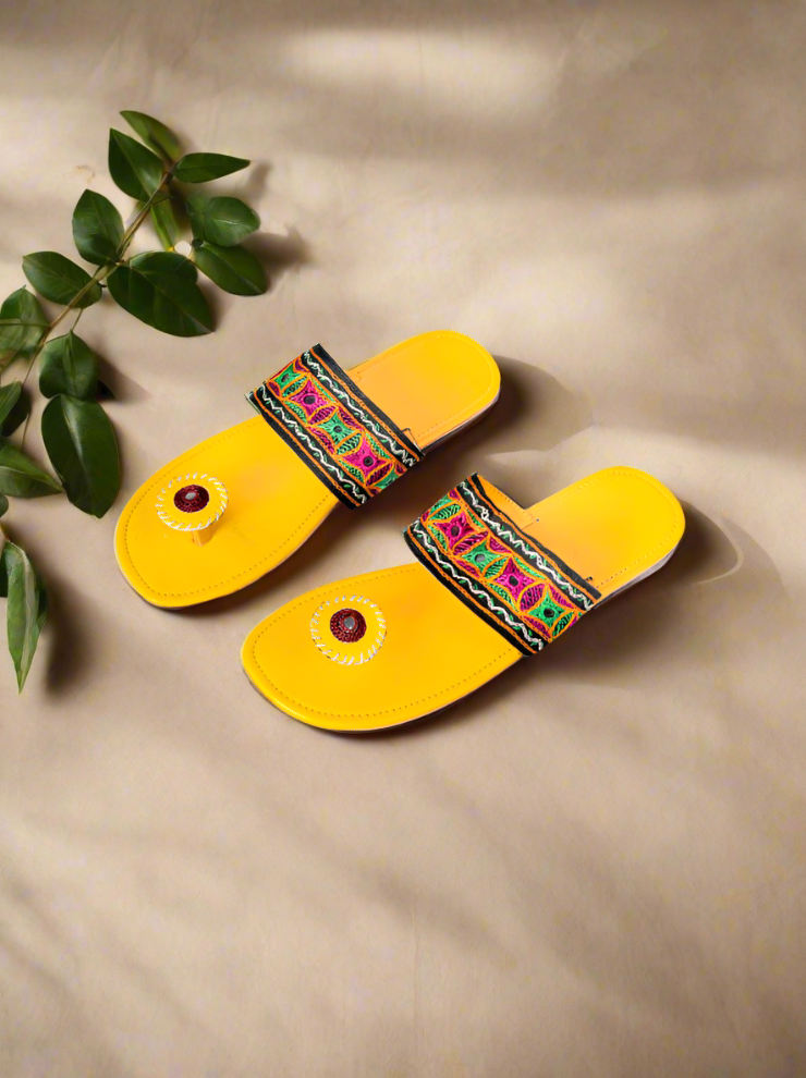 Aahir Work Mirror Chappals and Threadwork Hand Embroidery - Heritage Haat